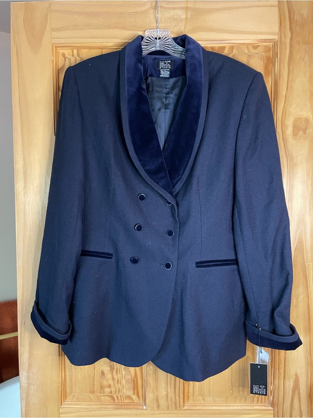 Morgan Taylor Deep Navy Double-Breasted Blazer with Velvet Shawl Collar NWT